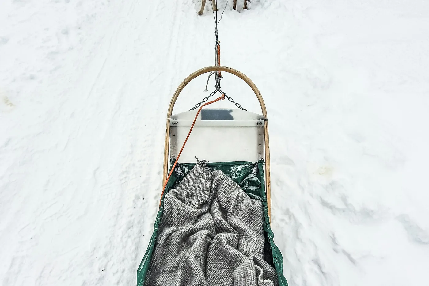 View from behind an empty dog sled with a grey wool blanket in the basket, the legs of the dogs just visible ahead on a snowy trail