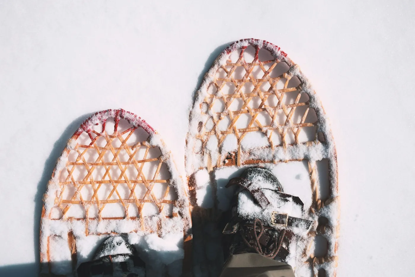 Two traditional wooden snowshoes with woven lacing and leather bindings, seen from above on fresh snow, boots strapped in
